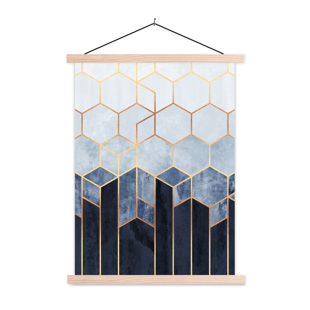 MuchoWow Textilposter Sechseck - Gold - Schablonen 40x53 cm mit holzfarbenen Rahmen - Schlafzimmer