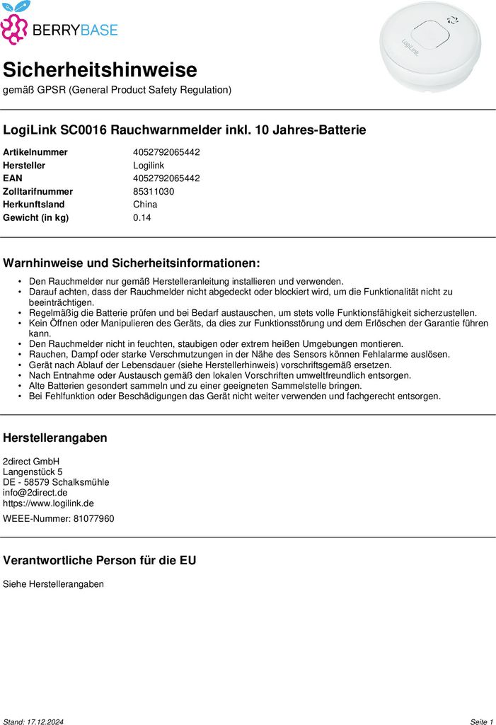 Czujnik dymu Logilink z homologacją VdS, 10-letnia bateria Zdjęcie produktu 2