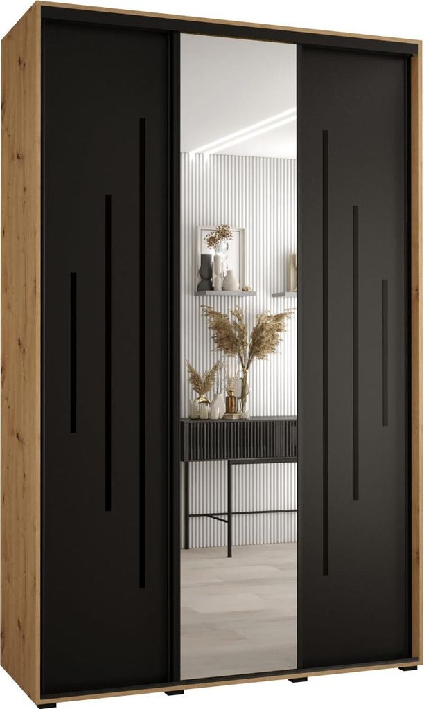 MEBLE KRYSPOL Cannes 13 Schrank mit 3 Schiebetüren - 205,2x160x60 cm - Artisan Schwarz Schwarz