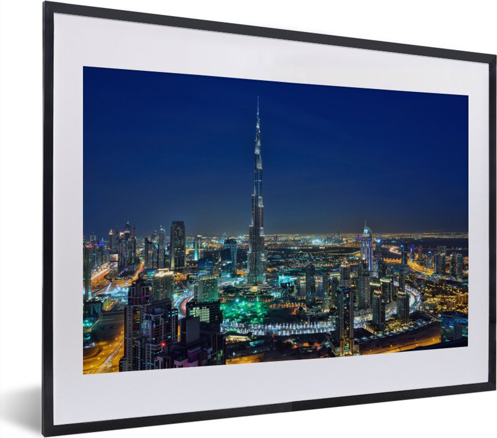 MuchoWow MuchoWow Gerahmtes Poster Dubai und der Burj Khalifa am Abend beleuchtet 40x30 cm - Poster mit zchwarzem Bilderrahmen - Bilderrahmen -...