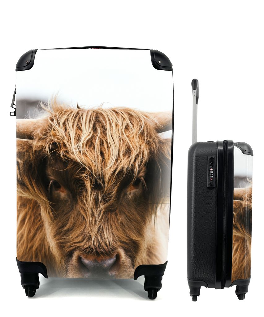 MuchoWow Koffer Handgepäck Trolley Rollkoffer Kleine Reisekoffer mit 4 Rollen - Schottischer Highlander - Kuh - Gras - Tiere - Natur - Cabin Siz...