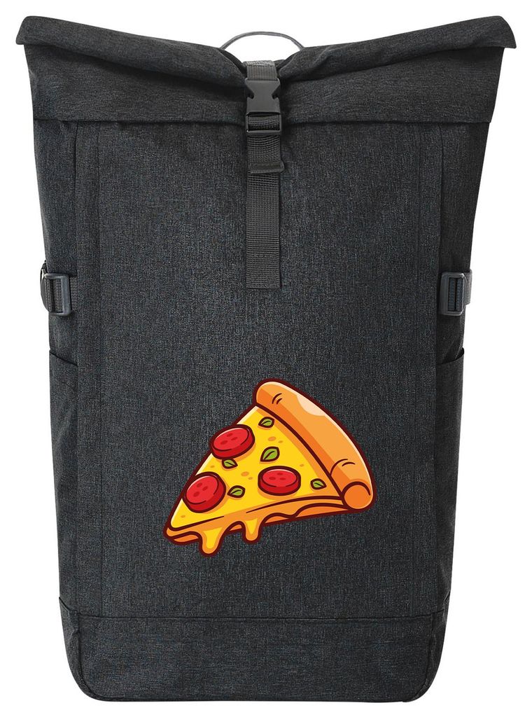 Huuraa Kurierrucksack Pizza Stück Comic 30-44 Liter Black Melange Fairtrade Rolltop Rucksack Geschenkidee