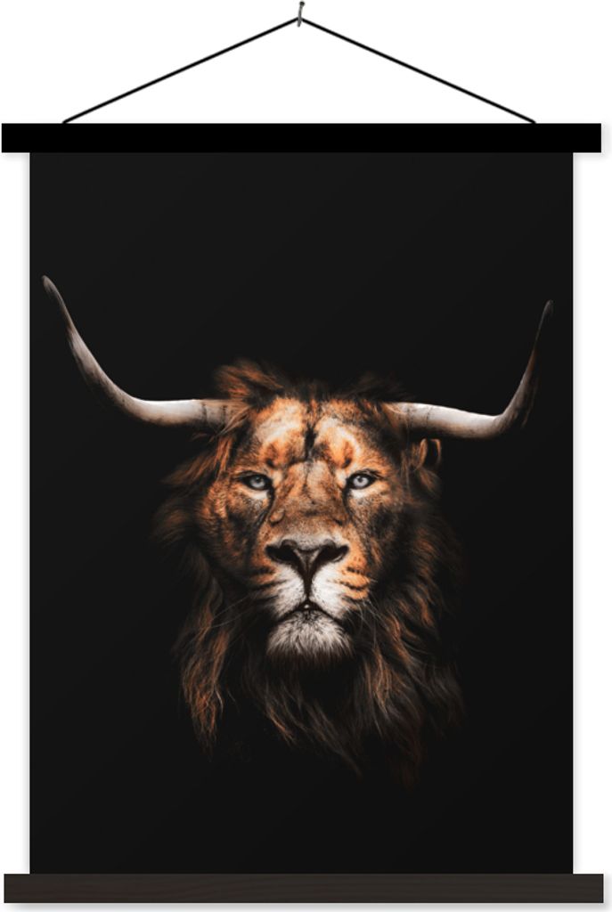 MuchoWow Textilposter Löwe - Schottisches Hochlandrind - Hoorn 40x53 cm mit schwarzem Rahmen - Abbildung