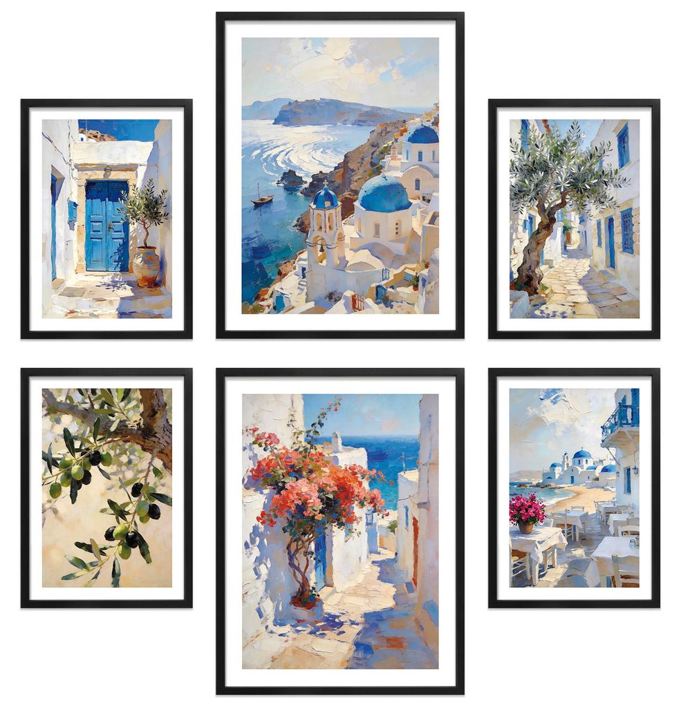 ARTFAVES Poster Set - Abstract Greece I mehrteilige Bilderwand für Wohnzimmer, Schlafzimmer I Wandbilder Santorini I mit Rahmen Schwarz