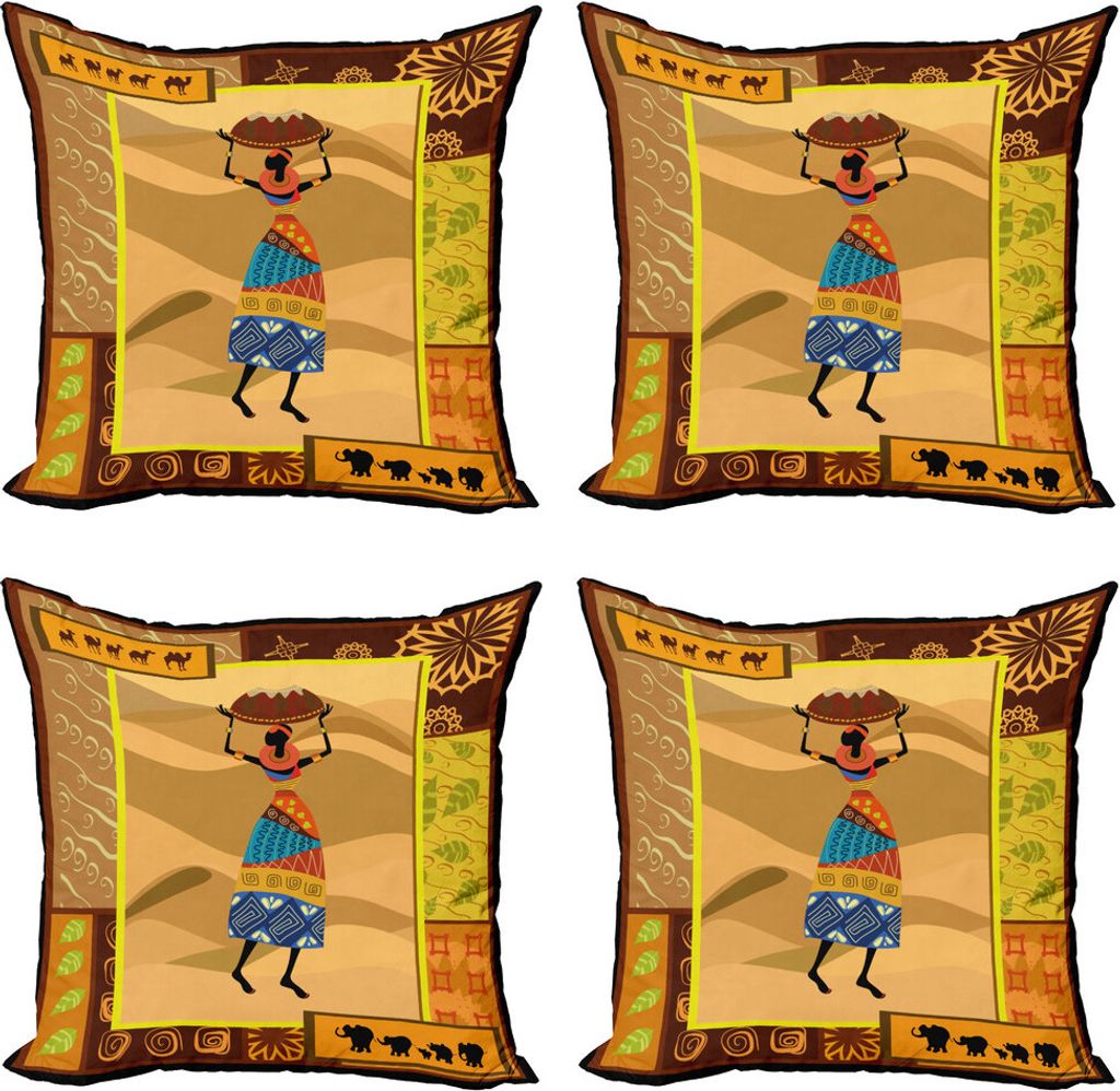 ABAKUHAUS afrikanisch Kissenbezug Set (4 Stück), Kamele Elefanten, Moderner Doppelseitiger Digitaldruck, 45 cm x 45 cm, Mehrfarbig