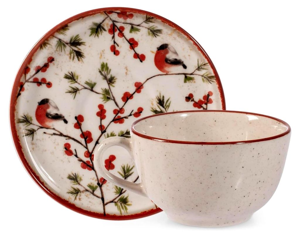 Set mit 2 Teetassen und Untertassen, 200 ml – Tassen aus Steinzeug mit roten Beeren und Rotkehlchen, geeignet für Winter und Festtage