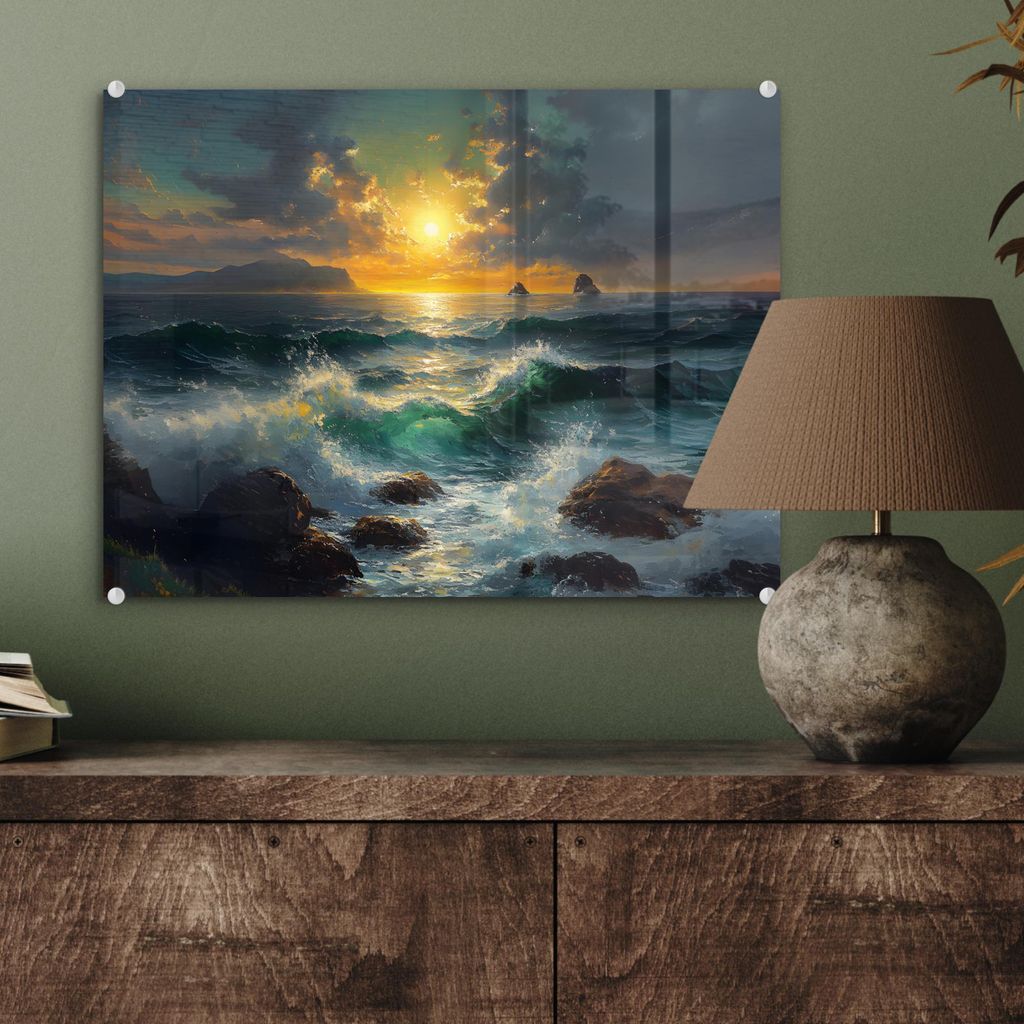 MuchoWow Glasbilder - Bilder auf Wandbild - Foto auf Glas Meer - Sonne - Wellen - Felsen 40x30 cm Wanddekoration aus Glas - Acrylglasbild - Acrylbi...