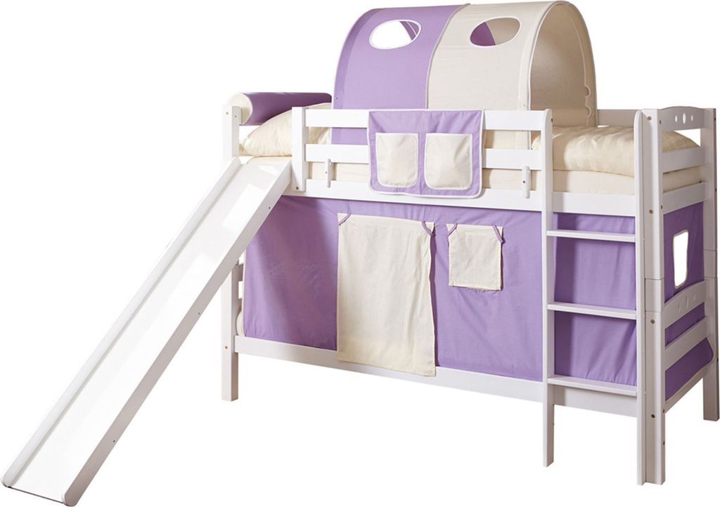 Etagenbett mit Rutsche Doppelbett Lupo Buche massiv Weiss, Vorhangstoff:Lila Beige