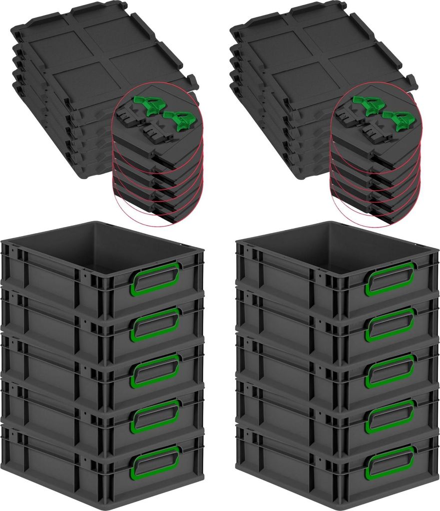 SuperSparSet 10x Eurobox NextGen Color mit Scharnierdeckel und Schiebeschnappverschlüssen | HxBxT 12x30x40cm | 11 Liter | Schwarz | Griffe grün g...