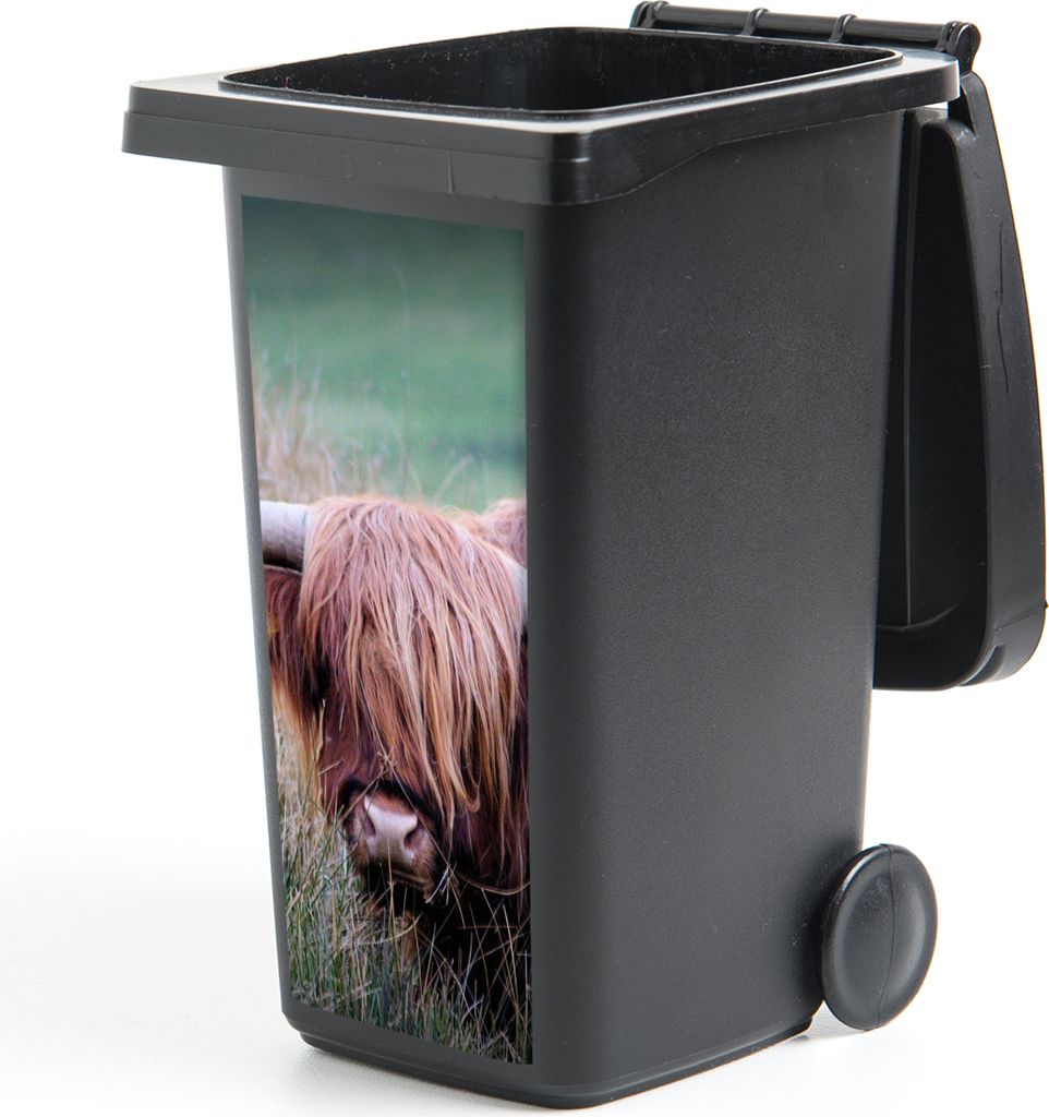 MuchoWow Mülltonnenaufkleber Schottischer Highlander - Hörner - Gras 44x98 cm - Containeraufkleber - Aufkleber - Mülltonnen-Aufkleber