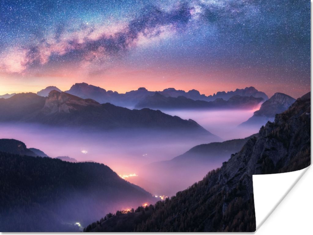 MuchoWow Poster Berge - Sternenhimmel - Nebel 160x120 cm - Foto Plakat