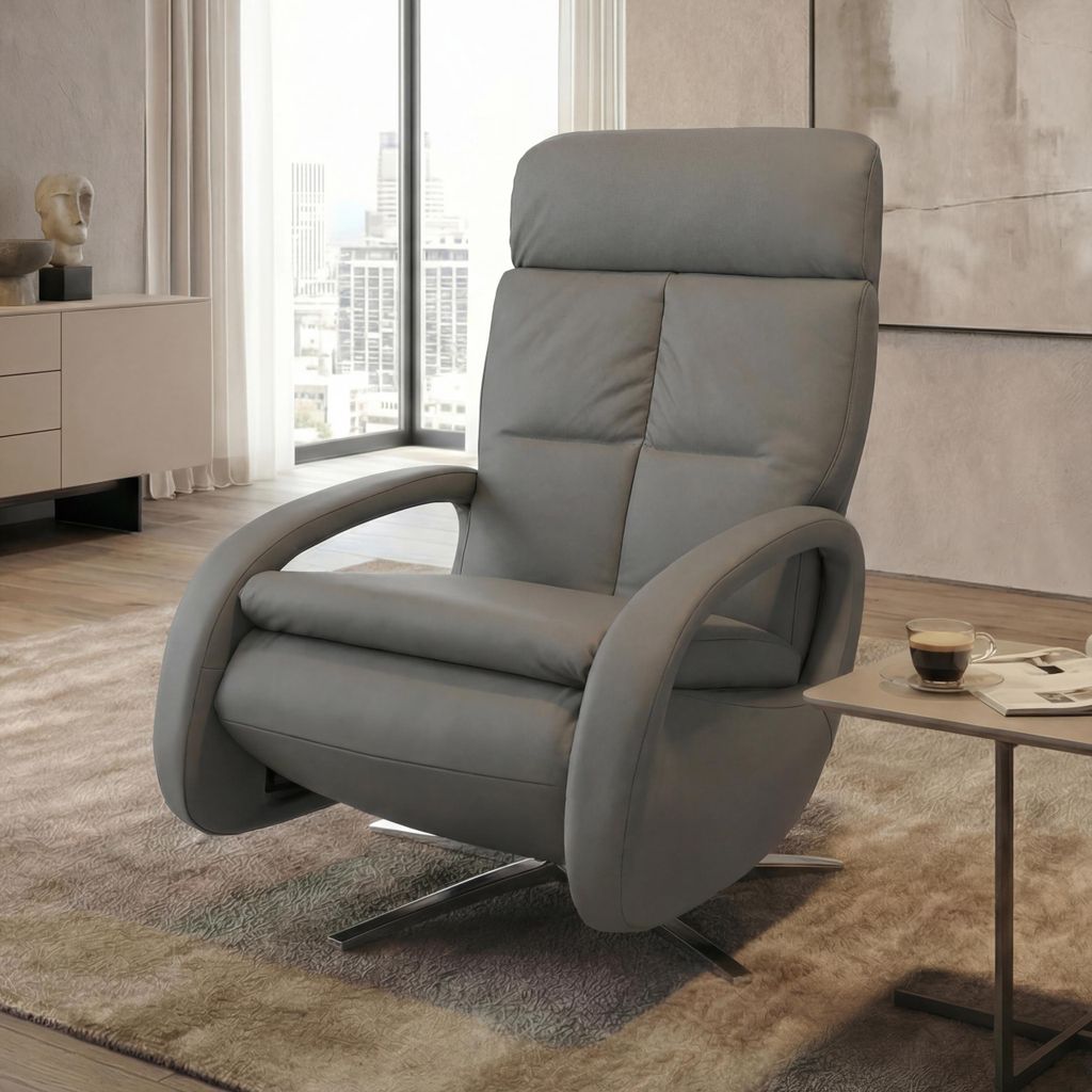 Relaxsessel HWC-L11, TV-Sessel Liegesessel, Liegefunktion drehbar, elektrisch verstellbar Voll-Leder grau