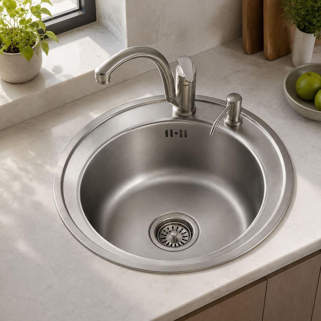 Edelstahlspüle Runde Ø 51 cm Set mit Armatur & Produktbild 