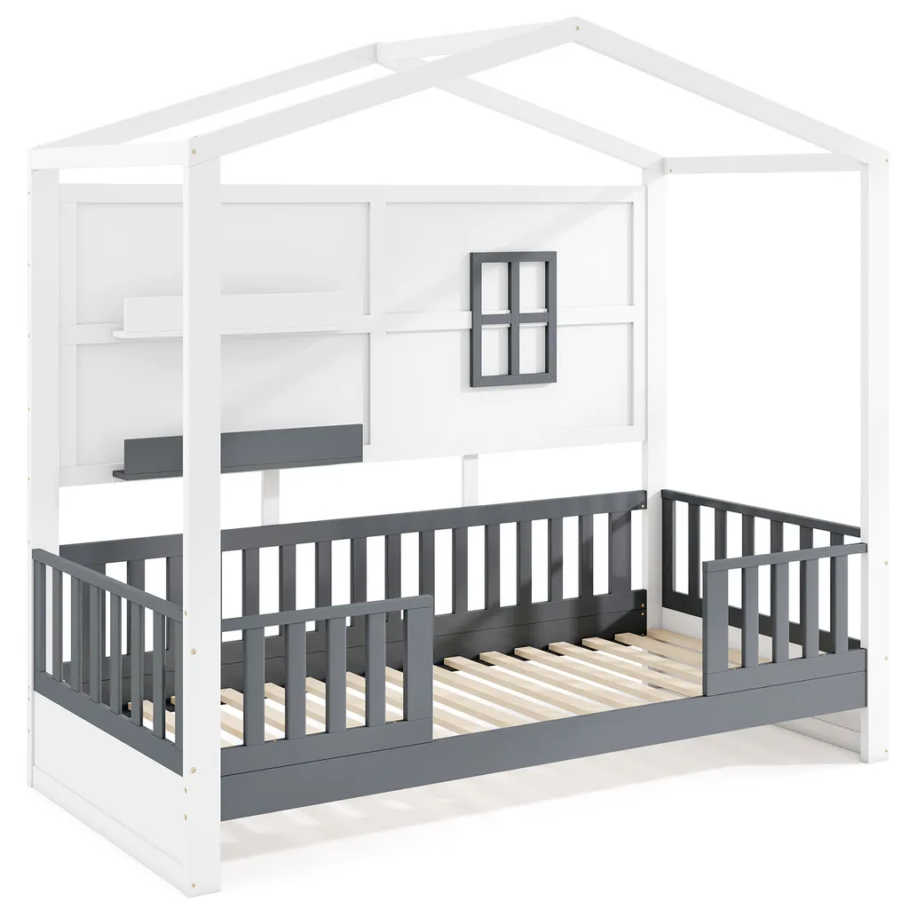 Lit cabane enfant 90x200 cm en bois avec sommier à lattes et étagères