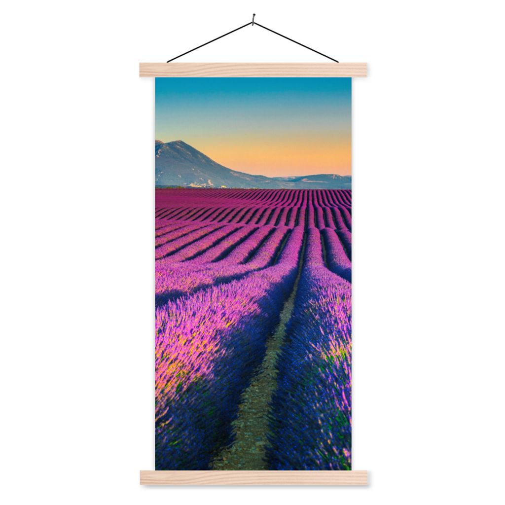 MuchoWow Textilposter Lavendel - Berg - Blumen 60x120 cm mit holzfarbenen Rahmen - Holz