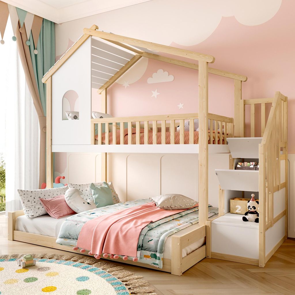 Sweiko Etagenbett, 90x200cm+140x200cm, Bettgitter, Stauraumleiter, Fenster, Hausleiste, Natur+ Weiß