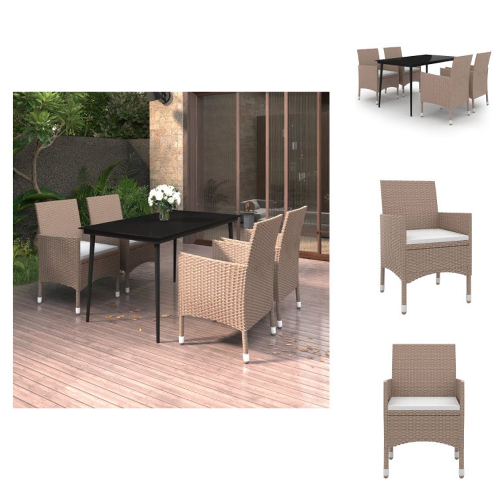 vidaXL 5-tlg. Garten-Essgruppe mit Kissen Poly Rattan und Glas - Gartenmöbel-Sets