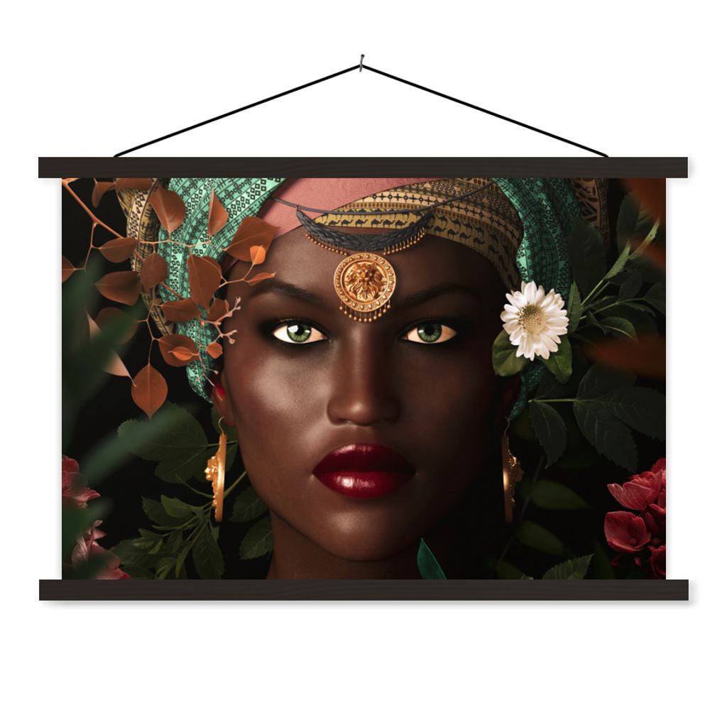 MuchoWow Textilposter Frau - Blumen - Schmetterlinge - Pflanzen - Schmuck - Luxus 150x100 cm mit schwarzem Rahmen - Schlafzimmer