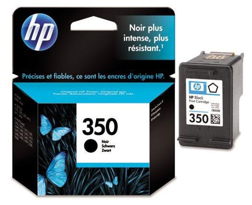 A product shot of an HP 350 black ink cartridge and its packaging.