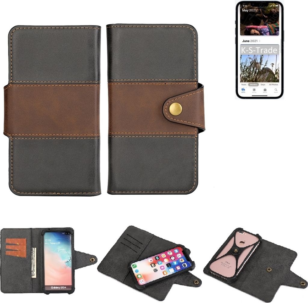 K-S-Trade Handyhülle Schutzhülle Hülle Bookstyle Wallet-Case kompatibel mit Apple iPhone 13 Pro Bumper Rundumschutz schwarz-braun 1x