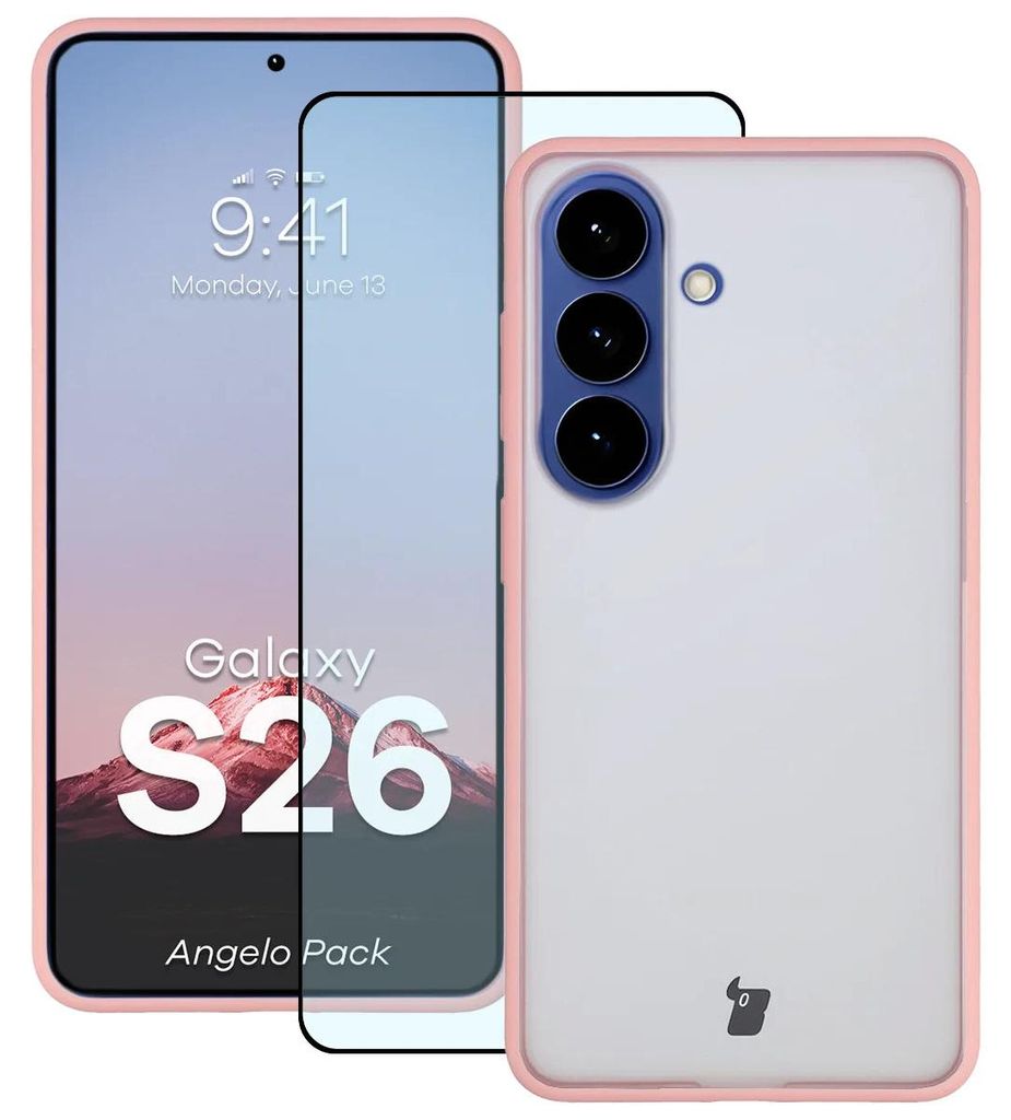 Schutzhülle + gehärtetem Glas Bizon Angelo Pack für Galaxy S26, Getönte mit hellrosem Rahmen