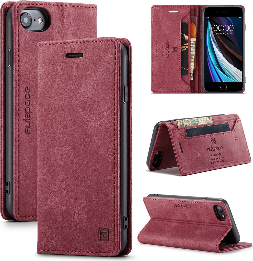 iPhone SE 2022 Brieftasche Hülle, Retro Kunstledertasche Stand Schutzhülle für iPhone SE 2022 / SE 2020 / 7 / 8 Rot