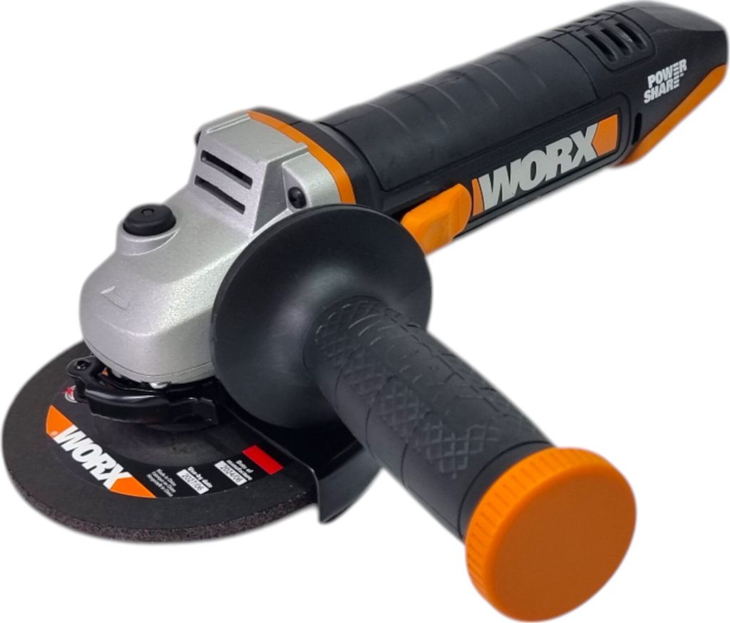 A cordless angle grinder is shown against a white background.