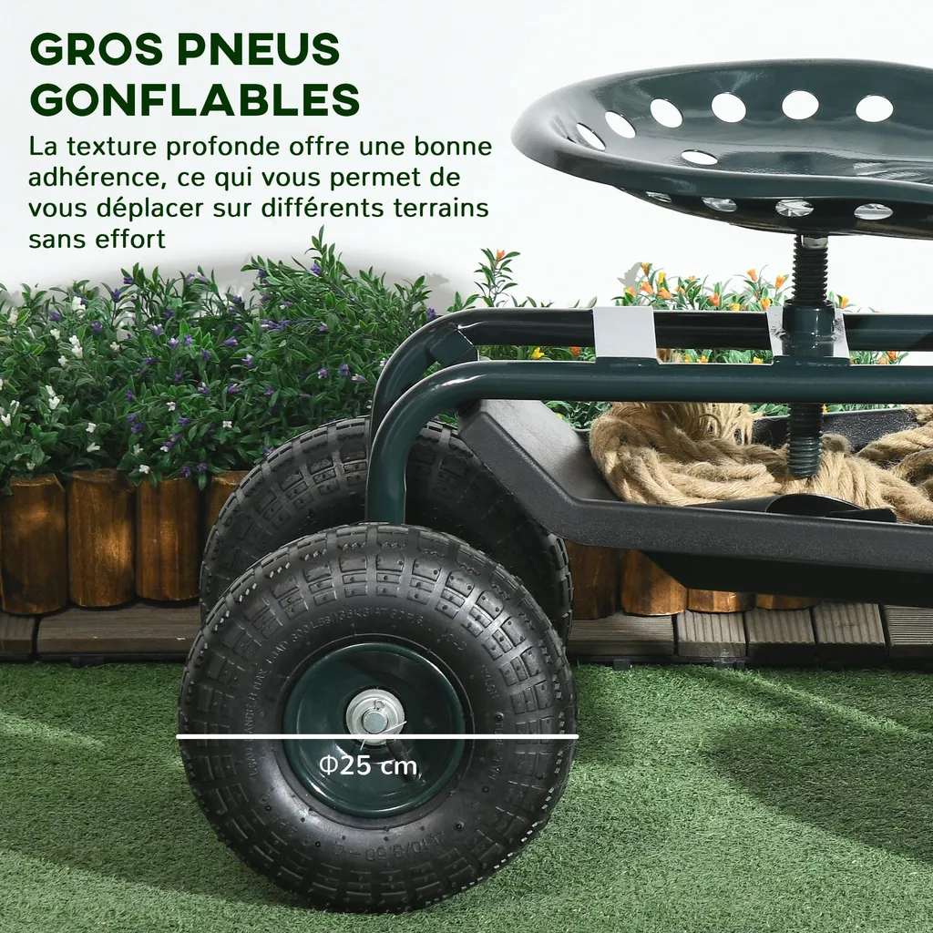 Siège roulant réglable 150 kg max avec plateau de rangement intégré