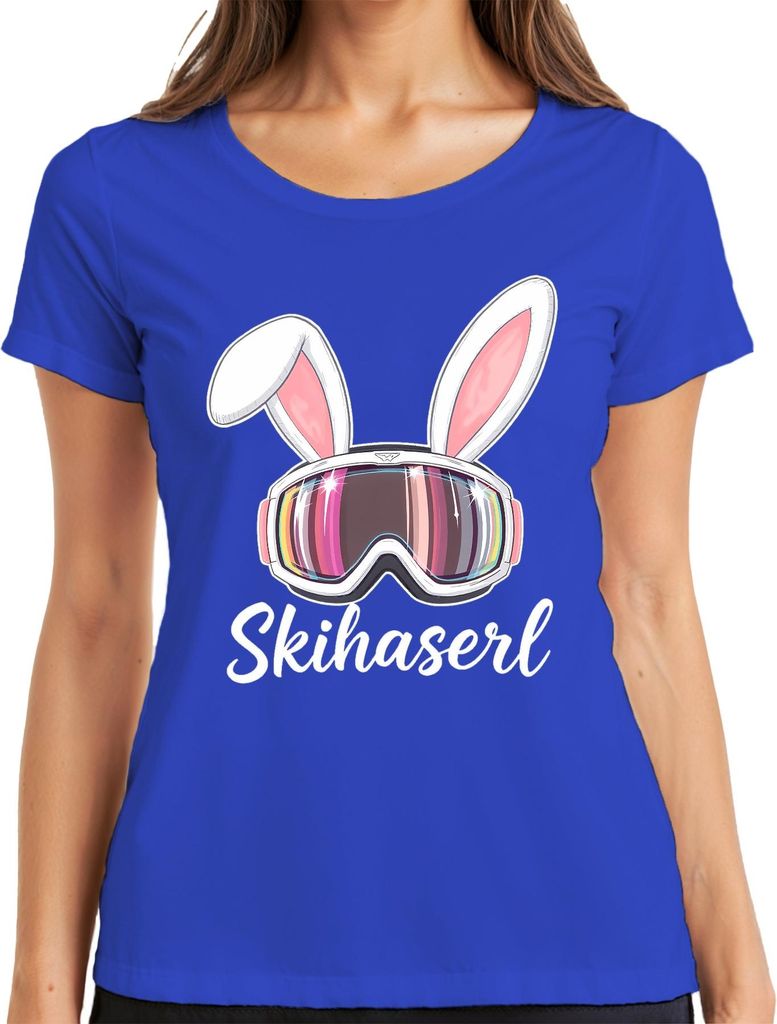 Skihaserl Skifahren Skibrille Bunny Lustig Fasching Karneval Damen T-Shirt, Blau, 3XL