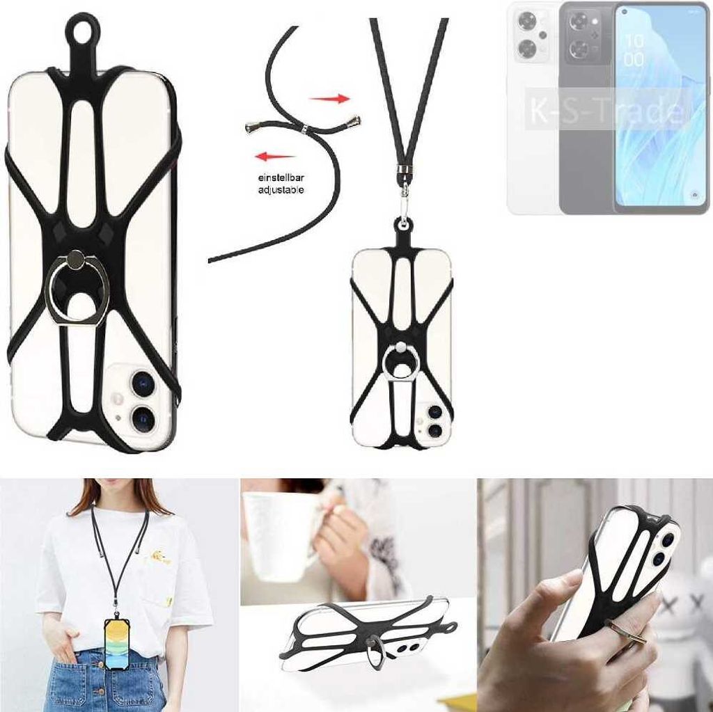 K-S-Trade 3in1 Handykette Handyband Handykordel Halsband Smartphone-Ring Handy-Ring kompatibel mit Oppo Reno9 A Fingerhalterung Handyring