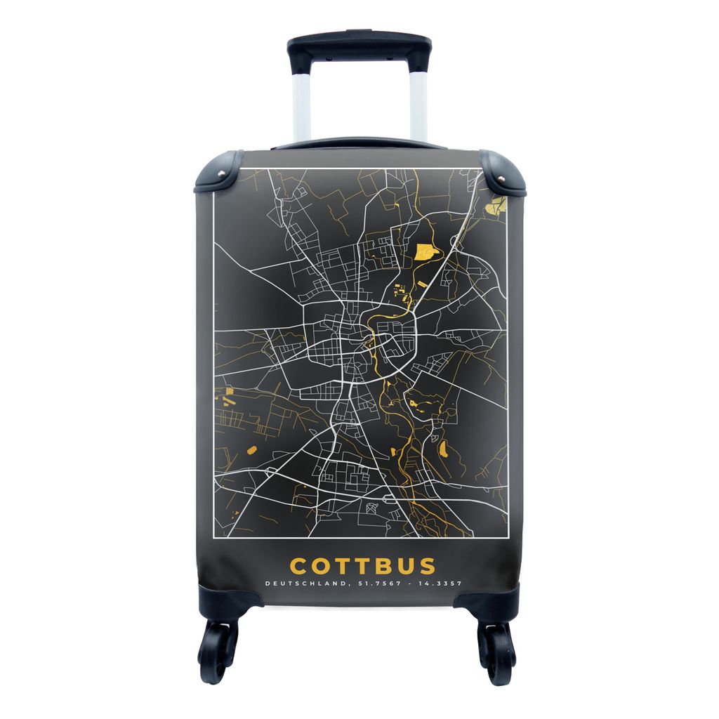 MuchoWow Koffer Handgepäck Trolley Rollkoffer Kleine Reisekoffer mit 4 Rollen - Cottbus - Gold - Karte - Stadtplan - Deutschland - Cabin Size < ...