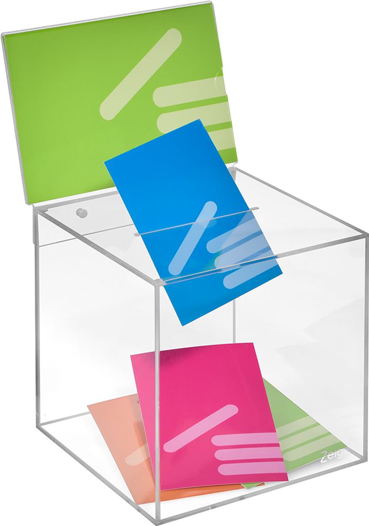 Losbox aus Acrylglas in 200x200x200mm mit Topschild DIN A5 Quer - Zeigis / Spendenbox / Aktionsbox / Gewinnspielbox / transparent / durchsichtig ...