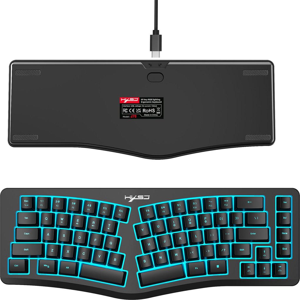69-Tasten kabelgebundene ergonomische Tastatur mit 18 Modi RGB Hintergrundbeleuchtung USB-C abnehmbares Kabel für Computer Schwarz