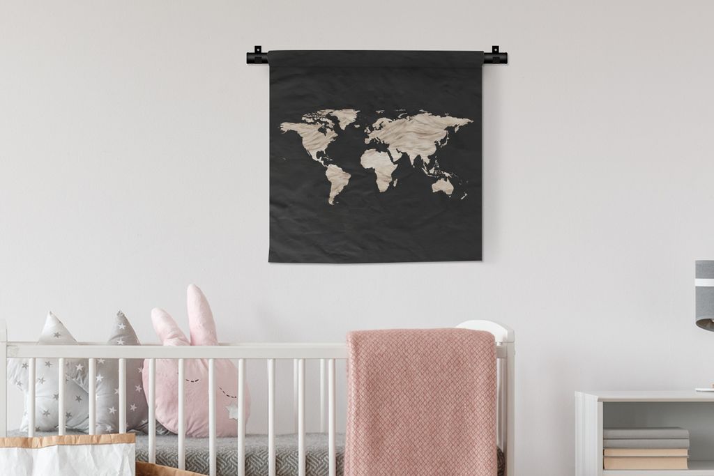 MuchoWow Wandteppich Wandbehang Weltkarte - Schwarz - Beige 60x60 cm Tapisserie Dekoration Wandtuch - Dekorationen - Wand Decke