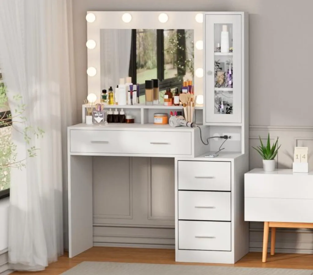 Coiffeuse lumineuse avec prises intégrées et 5 tiroirs de rangement - 4