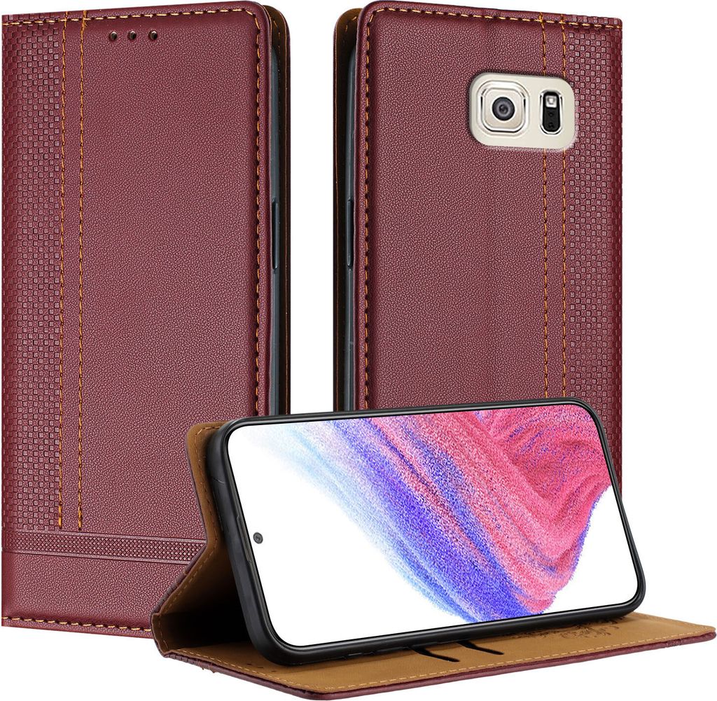 Handyhülle für Samsung Galaxy S6 Edge Leder Flip Klappbare Schutzhülle mit Standfunktion Dunkelrot