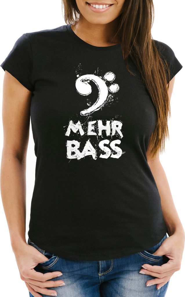 Damen T-Shirt Mehr Bass Music Party Disco Techno Festival Feiern Musik hören Slim Fit Moonworks schwarz S