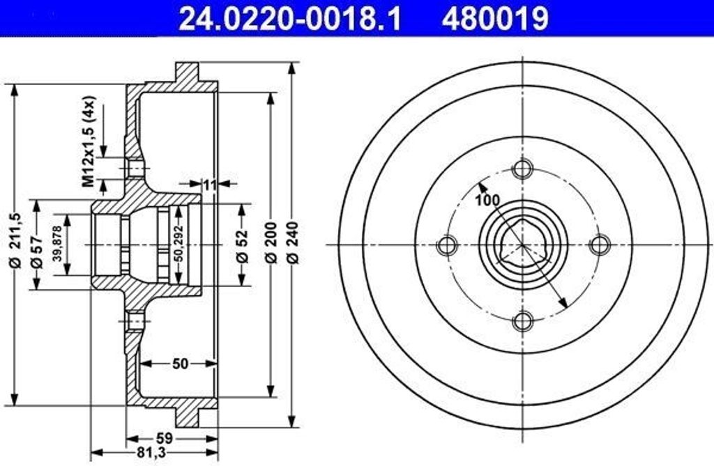ATE 24.0220-0018.1 Bremstrommel OE 1H0501615A kompatibel mit Cordoba, Ibiza, Toledo, Favorit, Felicia, Caddy, Golf III, Polo 6N, Polo 6V, Vento