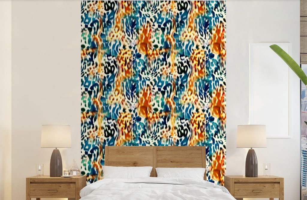 MuchoWow Fototapete für Wohnzimmer oder Schlafzimmer Wandtapete Vinyl Motivtapete Orange - Blau - Tiermuster - Muster - 140x220 cm - Fototapeten