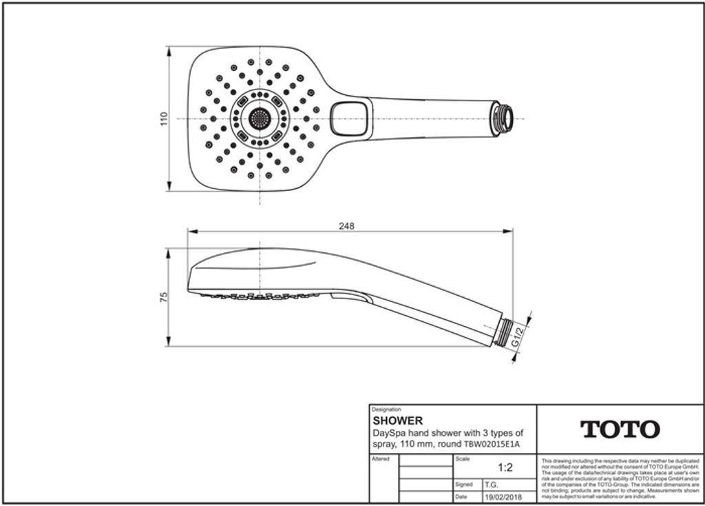 TOTO DaySpa Handbrause, 3 Strahlarten, 110x75x248mm, eckig, TBW02015E1A
