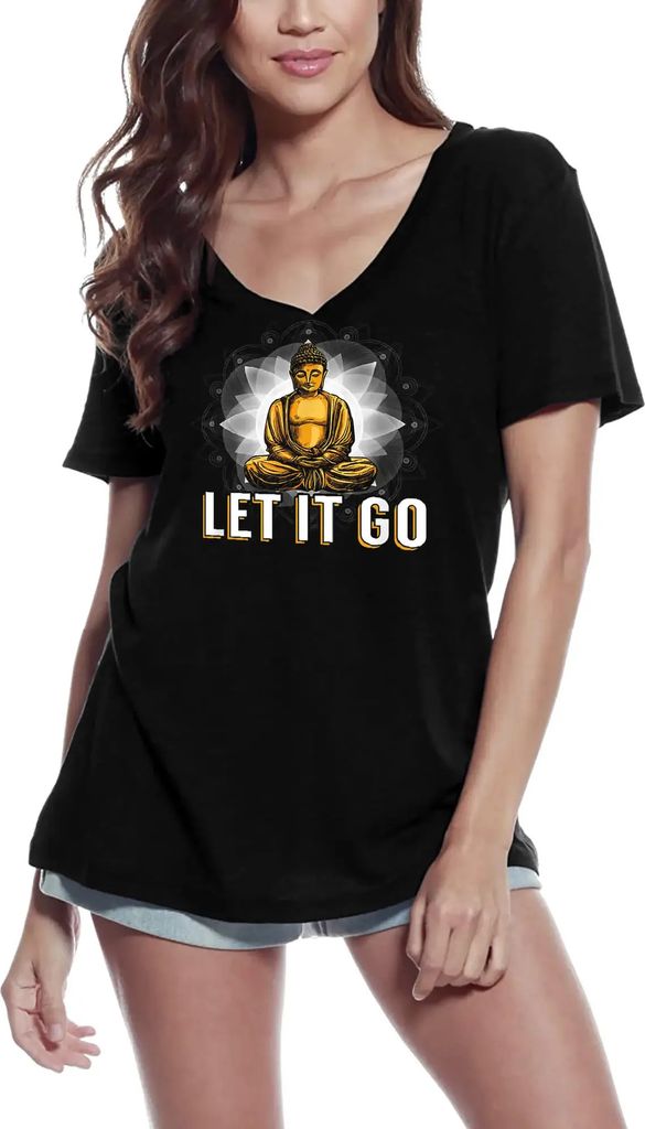 Damen Grafik T-Shirt V-Ausschnitt Buddha Frieden - loslassen - spirituelles Yoga – Buddha Peace - Let It Go - Spiritual Yoga – Öko-Verantwortlich