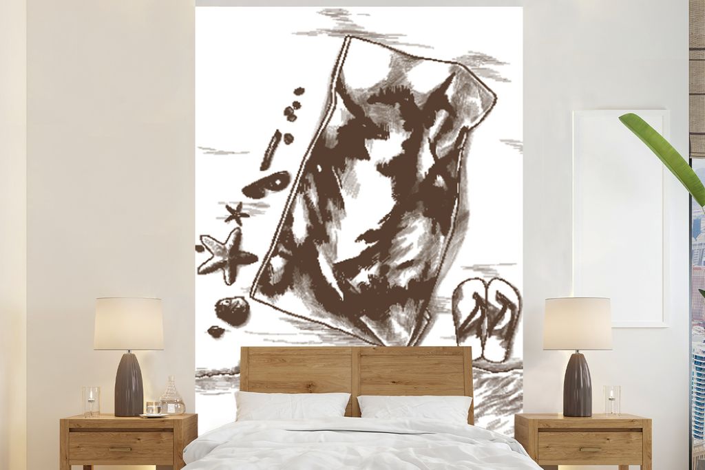 MuchoWow Fototapete für Wohnzimmer oder Schlafzimmer Wandtapete Vinyl Motivtapete Handtuch - Hausschuhe - Strand - 225x350 cm - Schlafzimmer tapete