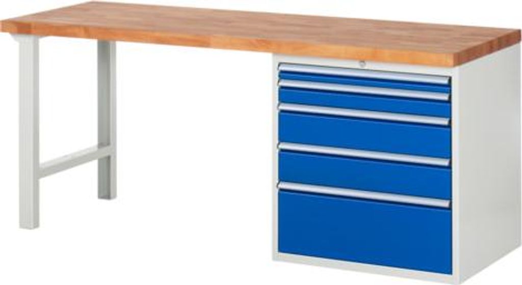 Werkbank mit 5 XL Schubladen - Teilauszug - 60:1 / 90:1 / 150:2 / 270:1 - 890 x 2.000 x 700 mm (HxBxT) - Traglast 1.000 kg - Buche