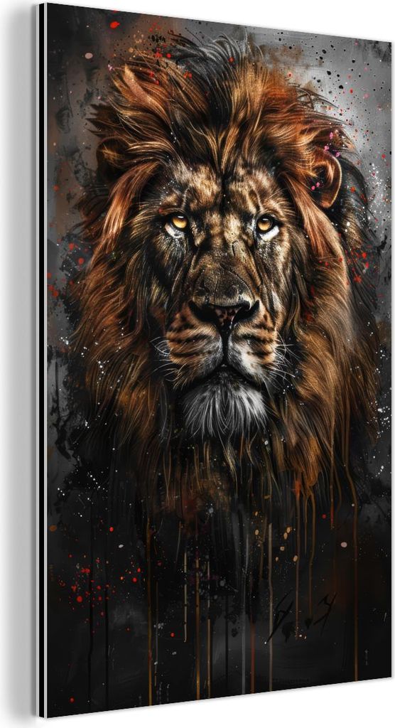 MuchoWow Wanddekoration Metall Metallbild Wandkunst 100x150 cm Löwe - Tiere - Porträt - Schwarz - Luxus MuchoWow Aluminium Gemälde - Bild