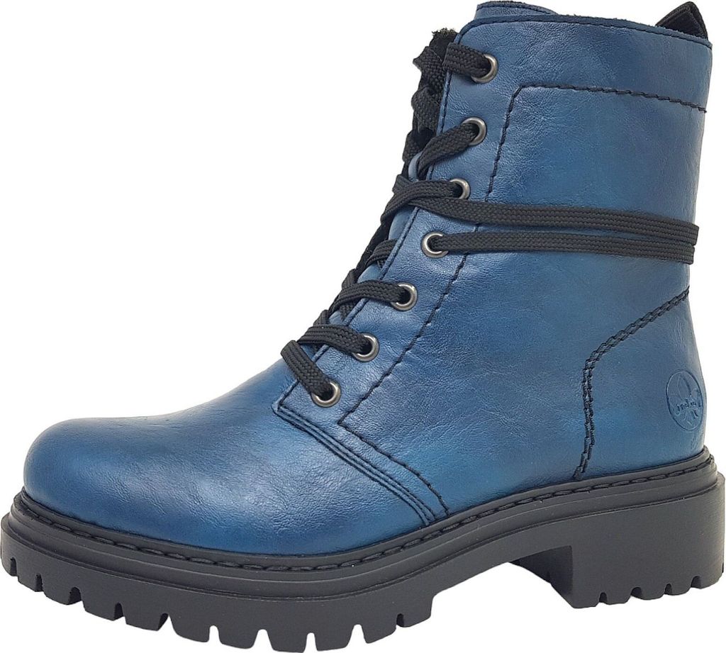 A single blue boot with black laces and a black sole is shown against a white background.