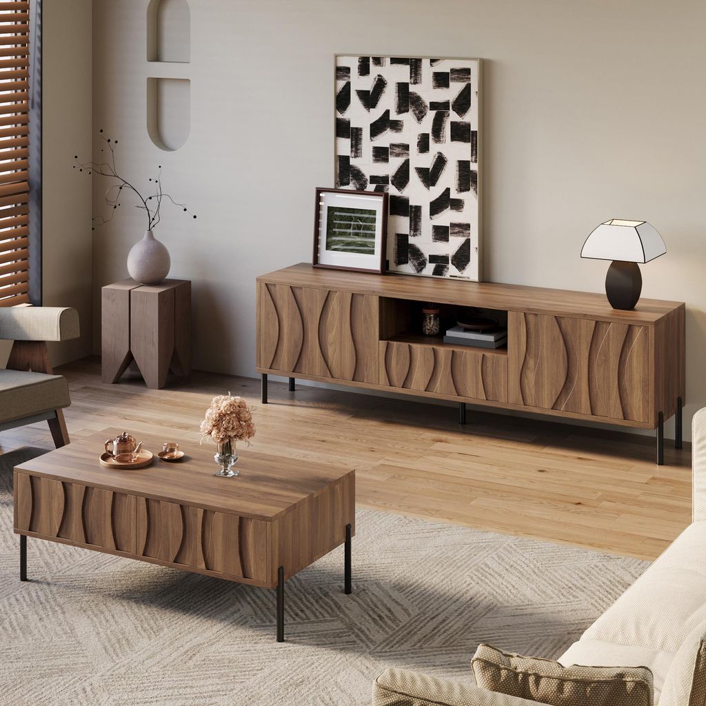 STILVORA Wohnzimmermöbel set, Couchtisch und TV-Ständer-Kombination aus Massivholz, Aufbewahrungsmöbel mit offene Ablagefläche und geschlossene...