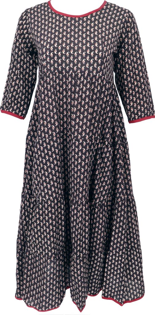 Boho Sommerkleid, Bedrucktes Wadenlanges Kleid - Dunkelbraun, Damen, Baumwolle, Größe: S
