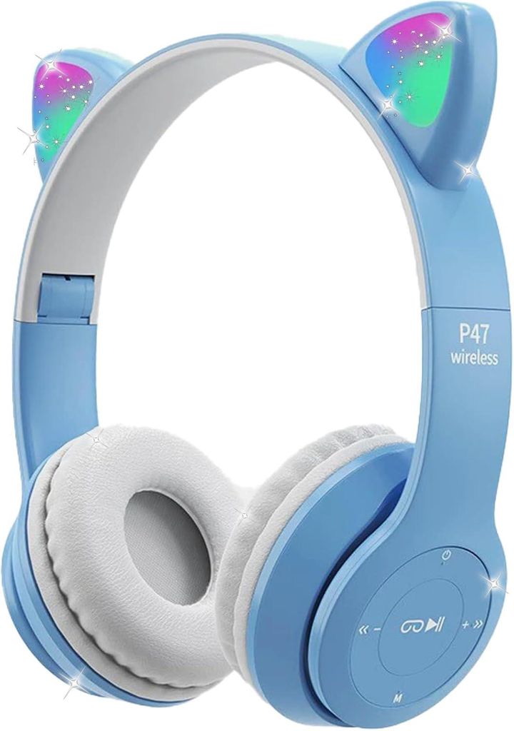 Over-Ear-Kopfhörer mit Mikrofon, Katzenohr-LED-Licht, Headset, TF-Karte/kabelgebundene faltbare Kopfhörer für Mädchen und Jungen, Geschenk ab 8...