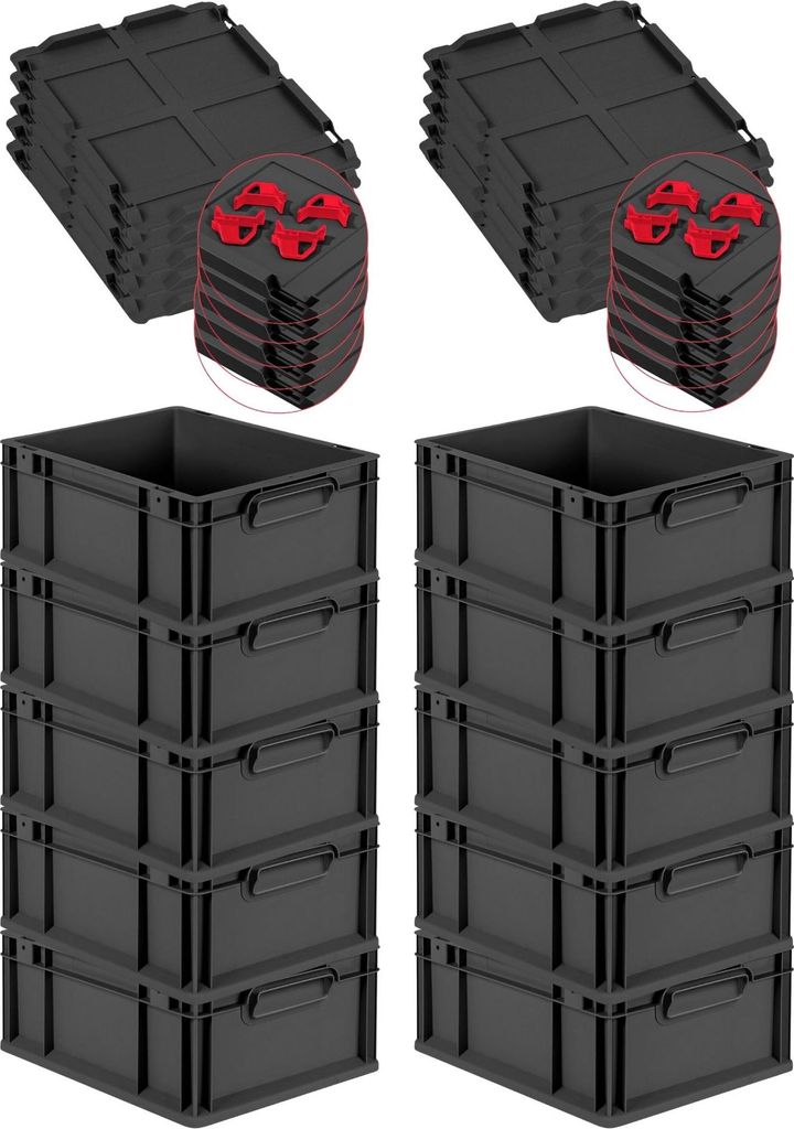 SuperSparSet 10x Eurobox NextGen Grip mit Auflagedeckel inkl. 4 roten Schiebeschnappverschlüssen | HxBxT 17x30x40cm | 16 Liter | Schwarz | Griffe ...