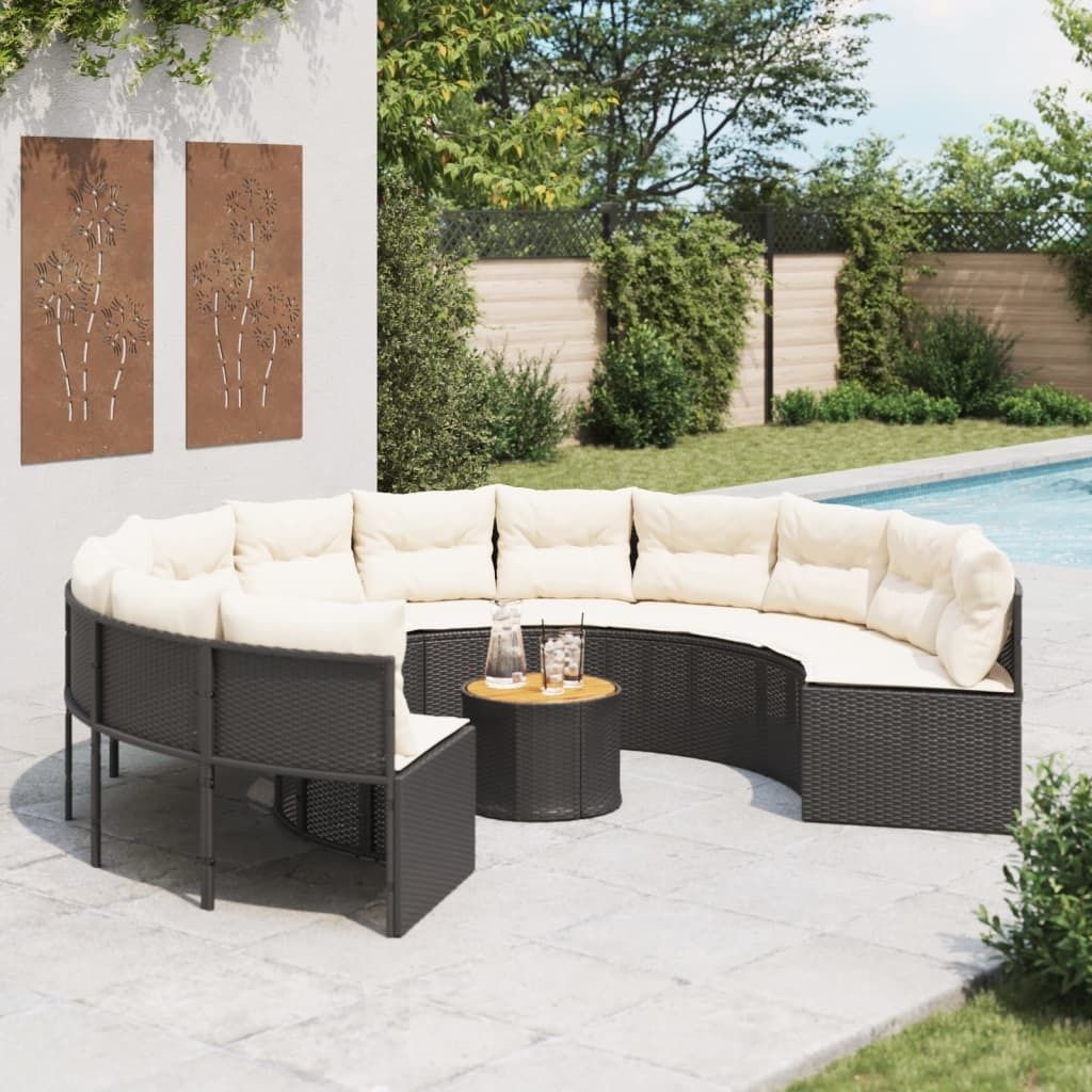 Design New Gartensofa mit Tisch und Kissen Rund Schwarz Poly-Rattan Gartensofas CC24094964